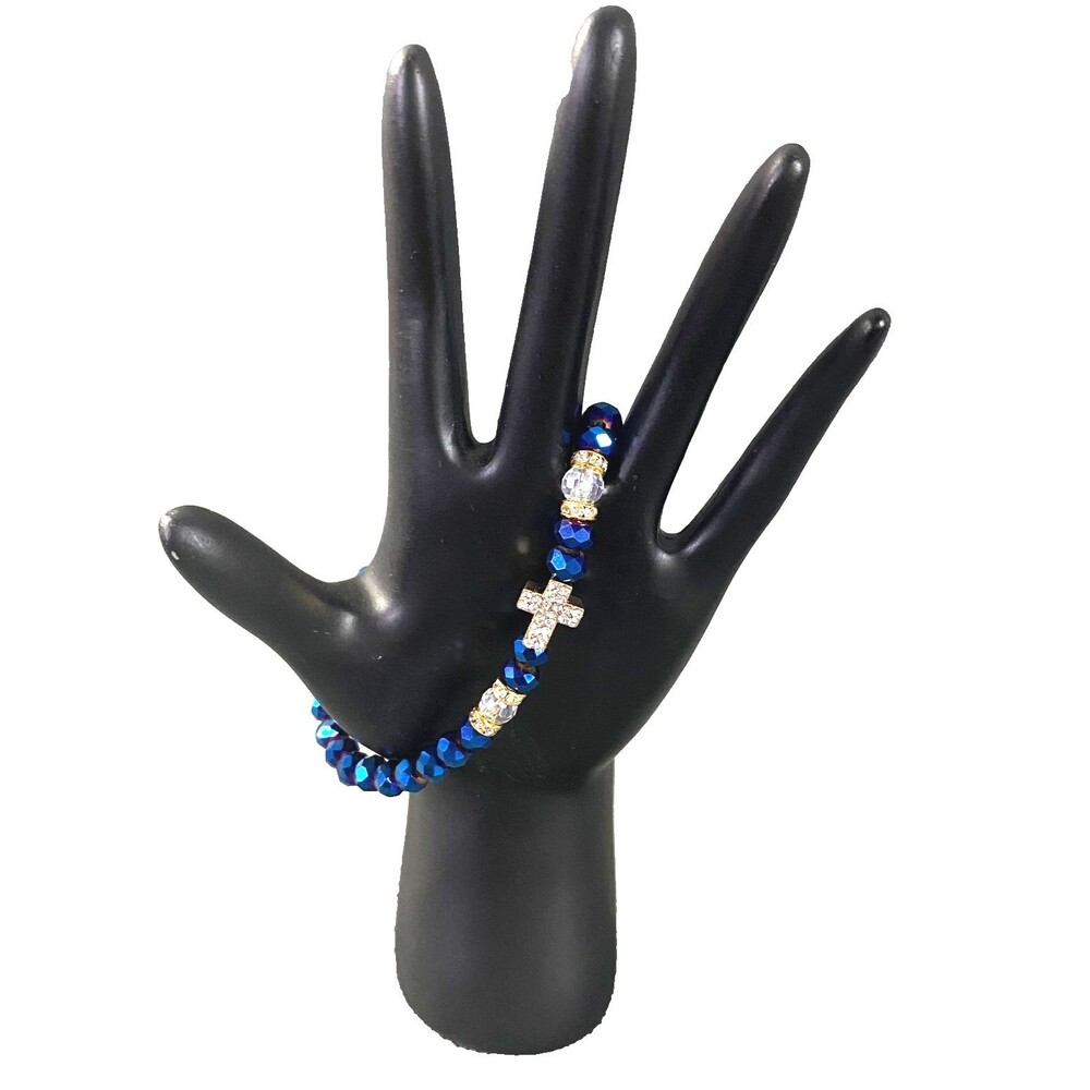 Metallic Iridescent Blue Cross Charm Bracelet Octagon Beads Multicolor Stretch